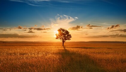 Fototapeta premium Solitary Tree On A Sun Drenched Vast Plain Under A Vibrant Sky Possible Use Nature Background Wallpaper