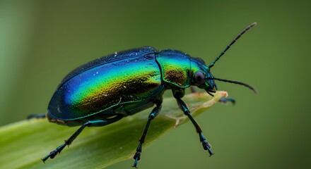 Fototapeta premium Shining Jewel Beetle: A macro photograph unveils the mesmerizing beauty of a jewel beetle, showcasing its iridescent, colorful shell as it rests on a blade of grass.