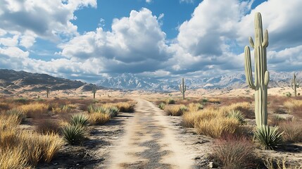 A scenic desert landscape with a dirt path, cacti, and mountains under a cloudy sky.