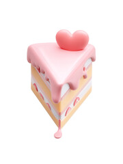 Pink heart cake slice with creamy layers and dripping frosting, sweet dessert symbolizing love and celebration in cute isometric style