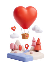 Heart shaped balloon flying over colorful landscape with trees, hills, clouds, and location marker, evoking romantic and whimsical feeling