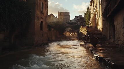 A serene riverside scene with historical buildings and gentle water flow at sunset.