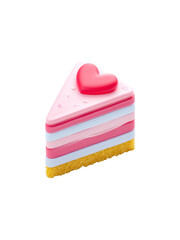 Slice of layered cake with pink and white frosting topped with red heart decoration, sweet dessert for celebration or love
