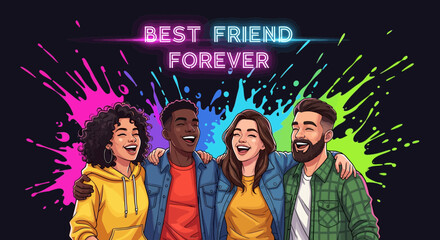 Four diverse young friends embracing and smiling joyfully under glowing "BEST FRIEND FOREVER" neon text with vibrant paint splatters.
