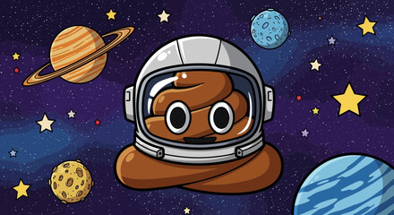 Cartoon depiction of a smiling poop emoji wearing an astronaut helmet, floating in space.