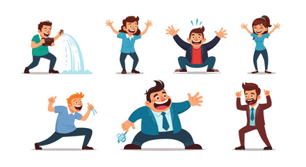 A collection of diverse cartoon people expressing a range of excited emotions and actions, including splashing water, cheering, and celebrating with open arms.