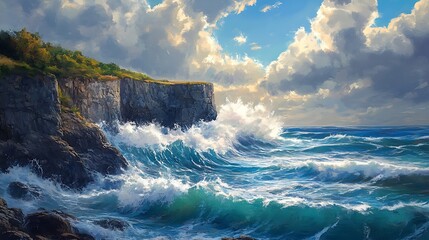 A stunning seascape depicting crashing waves against rocky cliffs under a dramatic sky.