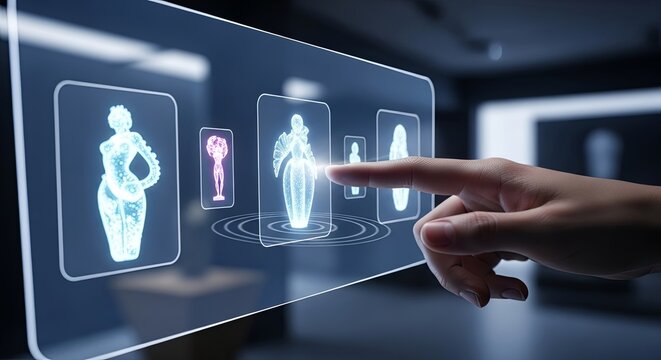 A person's hand interacts with a futuristic holographic interface, selecting a glowing 3D digital avatar of a female figure.