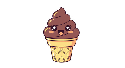 Cartoon illustration of a chocolate ice cream cone with a happy face and sparkling eyes on a white background.