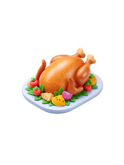 Roasted turkey on white platter with colorful vegetables and greens, perfect for festive holiday feast celebration
