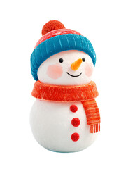 Snowman with blue and red hat, orange scarf, carrot nose, and red buttons smiling warmly in winter holiday season