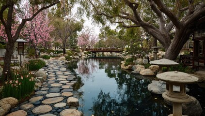 A tranquil Japanese garden path winds beside a serene pond, framed by blossoming trees and ancient stone lanterns.