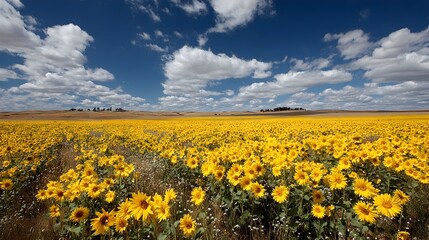 A vibrant field of sunflowers blooms beneath a beautiful summer sky filled with fluffy white clouds above.