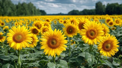 Fototapeta premium A vibrant field of bright yellow sunflowers stretches towards the horizon under a cloudy summer sky day.
