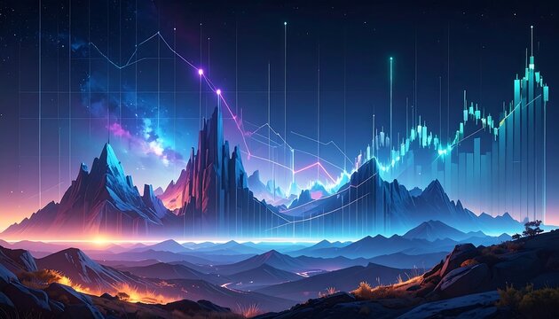 Digital visualization overlaying mountain peaks, depicting data trends with vibrant colors, a night sky, and a luminous horizon - Powered by Adobe