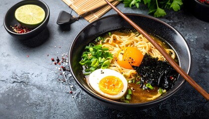 Bowl of tasty, fresh ramen with egg