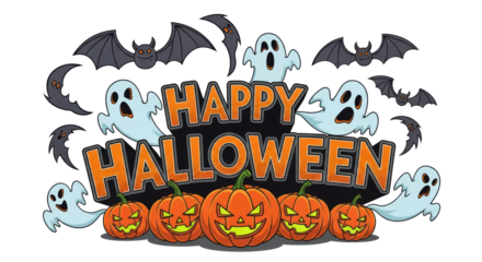 Festive Halloween Celebration with Spooky Ghosts and Flying Bats and Smiling Jack-o'-Lanterns