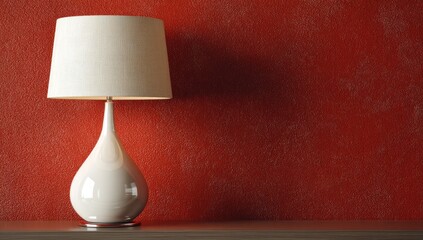 A simple, elegant table lamp with a creamy white shade sits against a textured, deep crimson background, casting a gentle light.