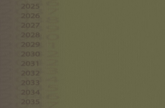 Next decade, future years to come on elegant formal green earthy textile textured book cover background for schedule business banner, objective expectations plan presentation. 2026, 2027, 2020s, 2030s