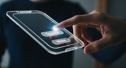 A person's finger touches a glowing button on the screen of a futuristic, transparent smartphone, illustrating advanced user interface technology.
