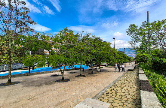 Medellin, Antioquia, Colombia. September 14, 2025. Parques del Rio is a linear park located on both banks of the Aburra River.