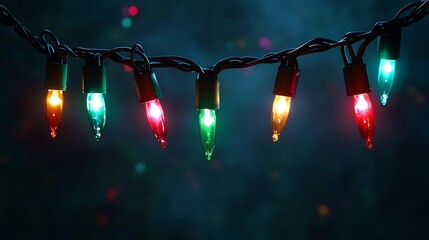 A string of colorful holiday lights glowing against a dark background.