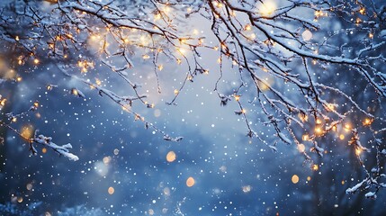 A serene winter scene with snowflakes and glowing lights on bare branches.