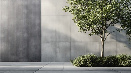 A minimalist scene featuring a concrete wall, tree, and greenery on a paved surface.
