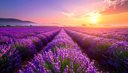 Naklejka premium Lavender field at dawn glows in sunlight