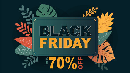 Dynamic Black Friday Sale Banner Design with Modern Foliage Accents and Discount Offer