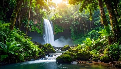 Lush waterfall flows in tropical forest
