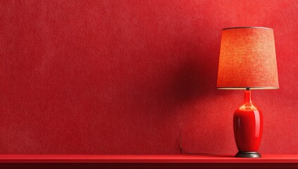 A vibrant red table lamp stands out against a textured red wall, illuminating a simple, elegant scene.