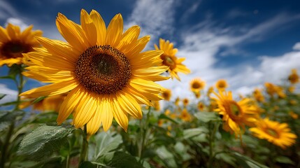 A vibrant field of sunflowers are bathed in sunlight under a picturesque sky with fluffy white clouds.
