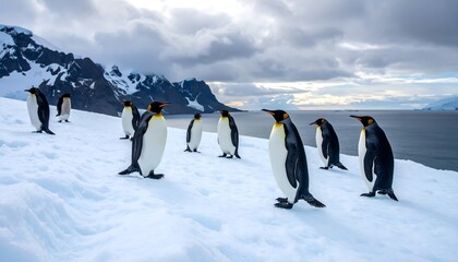 Penguins cluster on a glacier's edge.