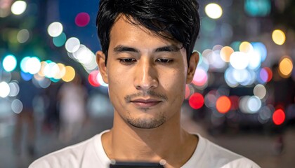 Person using smartphone in city at night