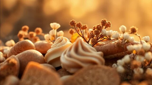 Delicate flowers and bite-sized pastries arranged beautifully with soft shadows and gentle breeze creating a subtle ambiance.