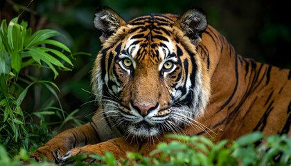 Obraz premium Resting tiger in jungle close portrait