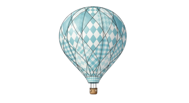 Stylized hot air balloon with geometric patterns floating against a black background