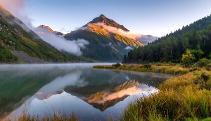 Serene lake reflects mountain at dawn