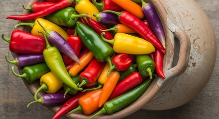 A vibrant and colorful assortment of freshly harvested mixed chili peppers overflowing from a rustic clay pot on a wooden surface