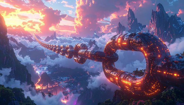 A magnificent chain of glowing, futuristic structures spans a breathtaking landscape of mountains and clouds at sunset.