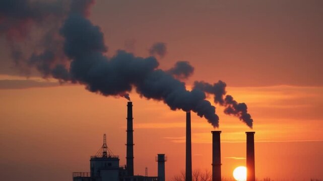 Dark smoking pipes at sunset. Dirty emissions from factory chimneys on the evening sky background. Industrial zone with big pipes smoking. Environmental problems. Air pollution concept.