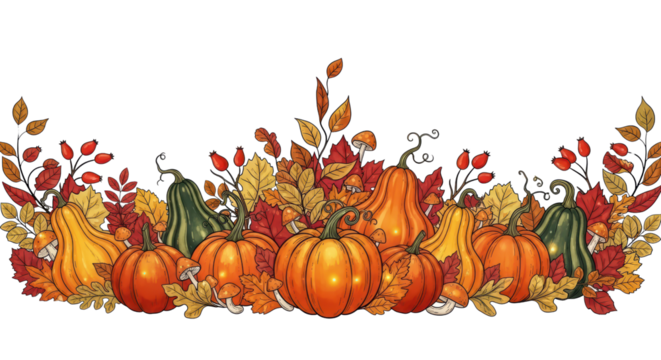 Vibrant autumn pumpkin and gourd display with colorful fall foliage on a dark background