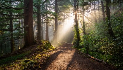 Obraz premium A Serene Journey Through A Misty Forest Pathway With Sunlight Piercing The Trees Is Truly Enchanting And Inspiring For Nature Lovers