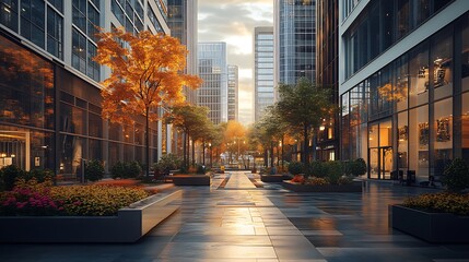 A serene urban plaza with autumn foliage and modern buildings at sunset.