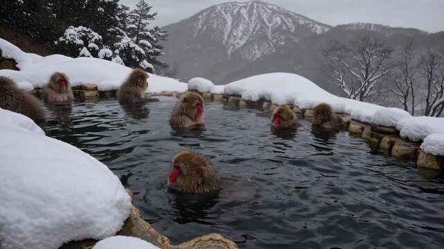 A serene video still of snow monkeys bathing in a hot spring, captured from a low angle with a snowy mountain backdrop, conveying tranquility.