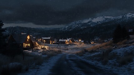 A serene winter village at night, illuminated by warm lights under a starry sky.