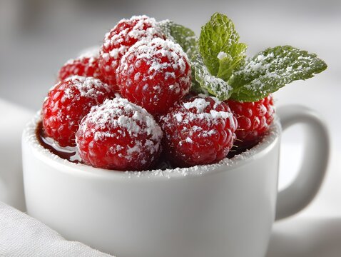 Fresh raspberries sprinkled with sugar and garnished with mint served in a small white cup close up view.