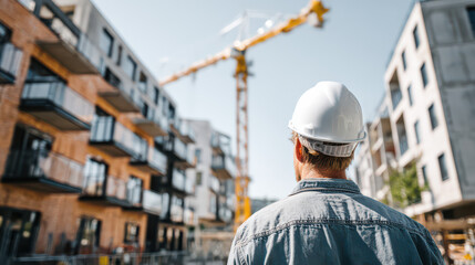 Architectural Vision: A construction worker, with a safety helmet surveys a construction site, visualizing the future of architectural innovation amid a modern cityscape.