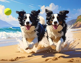 Two happy border collies run along a sandy beach, chasing a tennis ball in a sunny coastal scene.